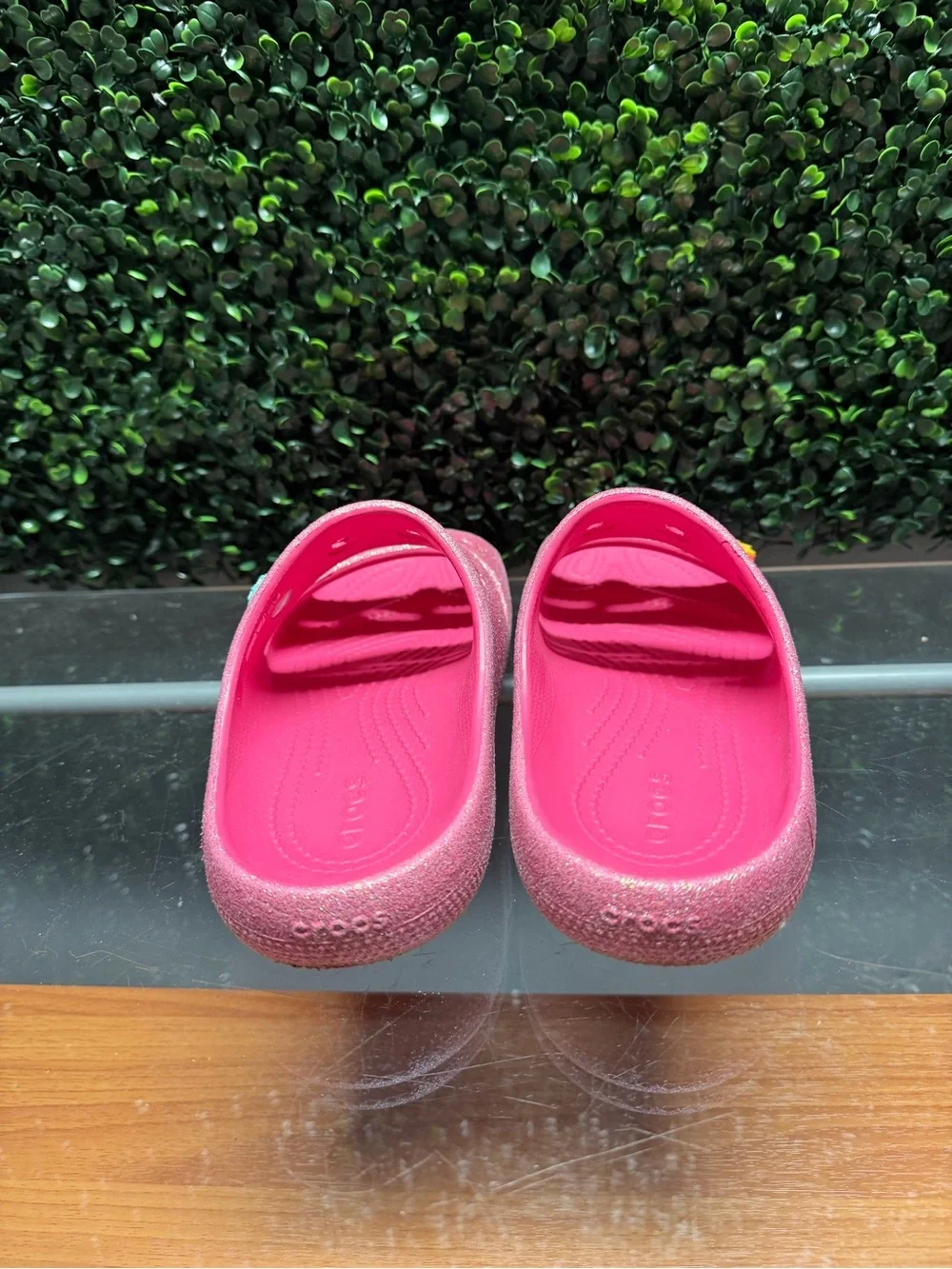 CROCS Kids Glitter Pink Slide Sandals with Sun Charm